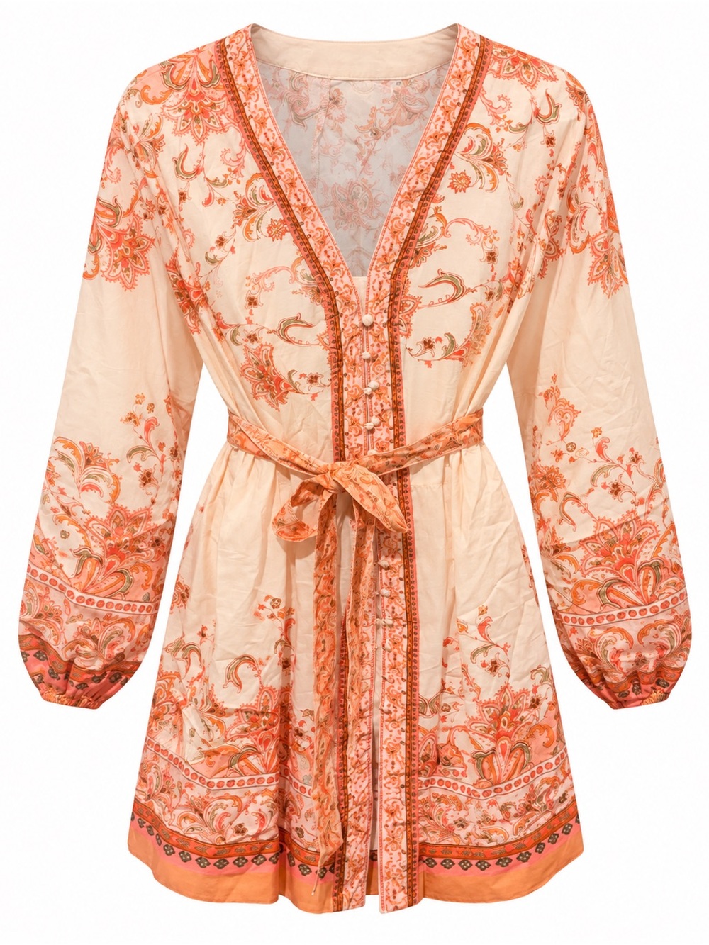 Commense Peach and Orange Floral Tie-Waist Kimono Robe
